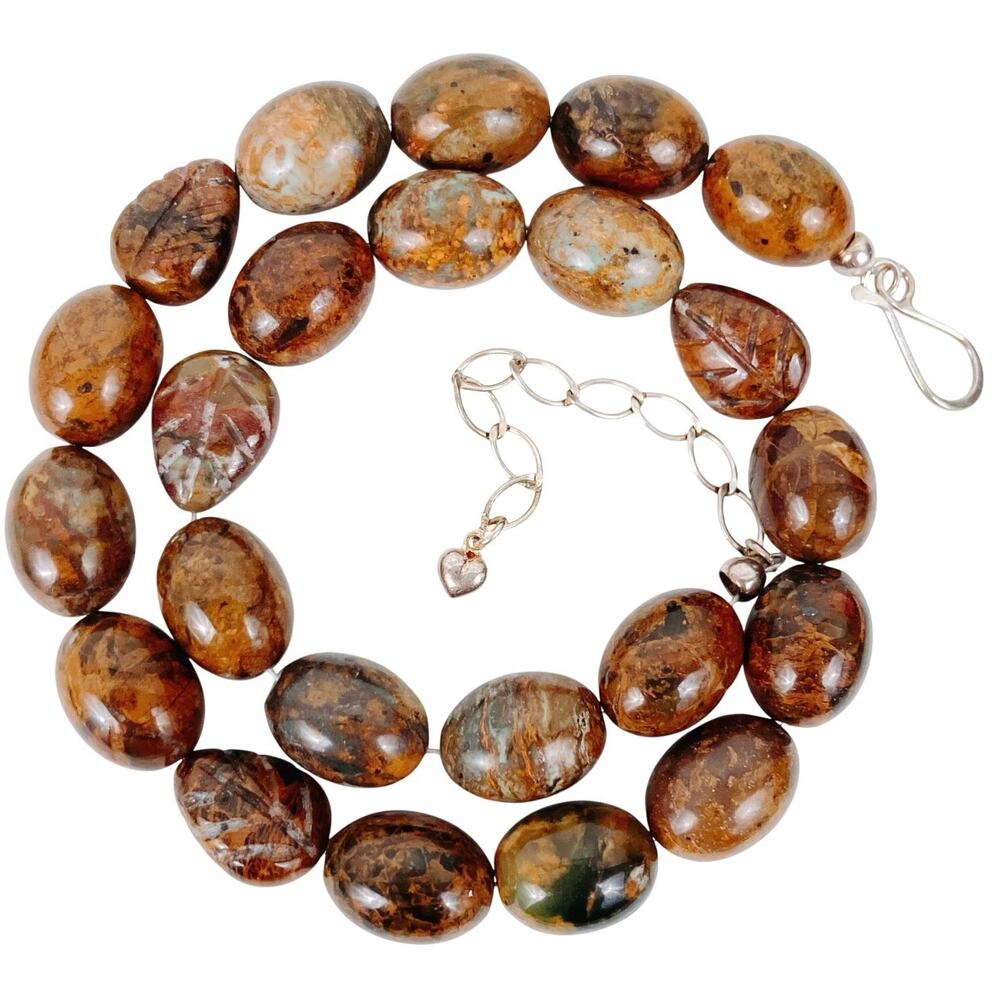 Vintage Jasper Gemstone Necklace Sterling Silver Clasp Chain Bead Strand